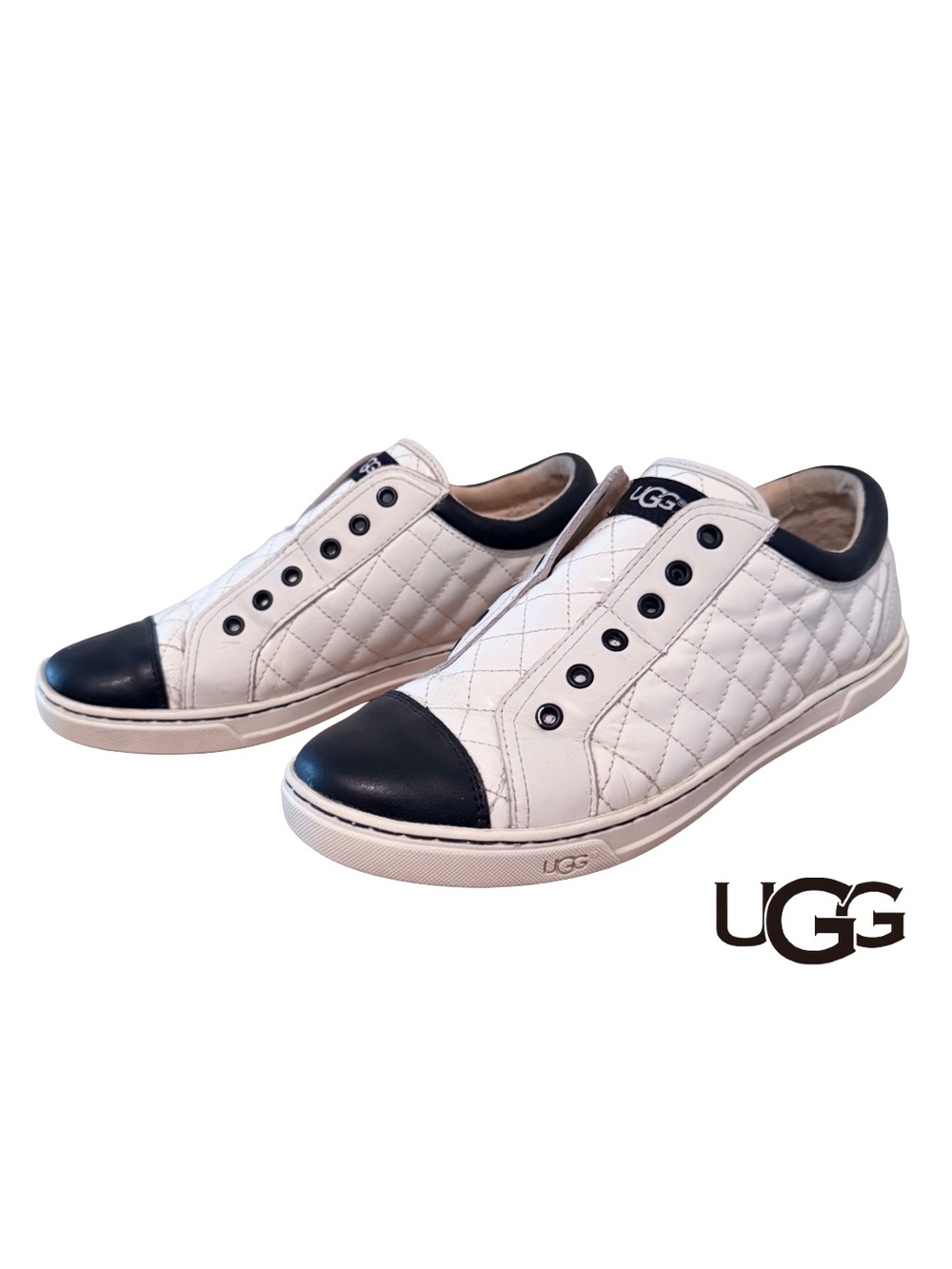 UGG Jemma Sneakers 9.5 White Black Quilted Leather Patent Chanel Style Italy